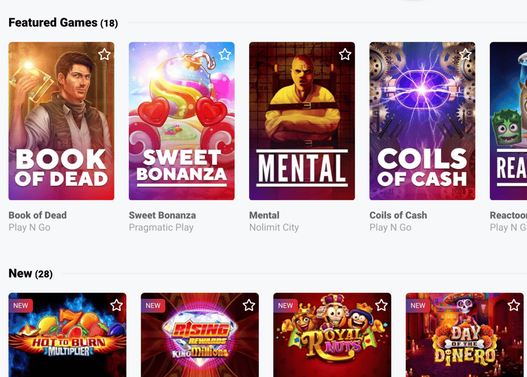 Guts game library—‘Featured Games’ and ‘New’ sections with large thumbnails and favorite stars