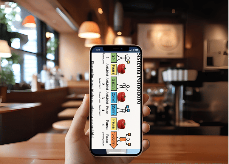 Mano sostiene celular con técnica Pomodoro, organización, productividad, emprender.