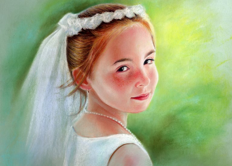 Pastel portrait of a red-haired flower girl in a white dress, soft light, by Austin artist Tony Sans