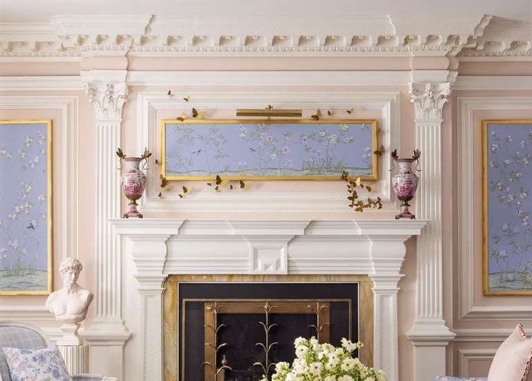 a living room with a fireplace and a fireplace