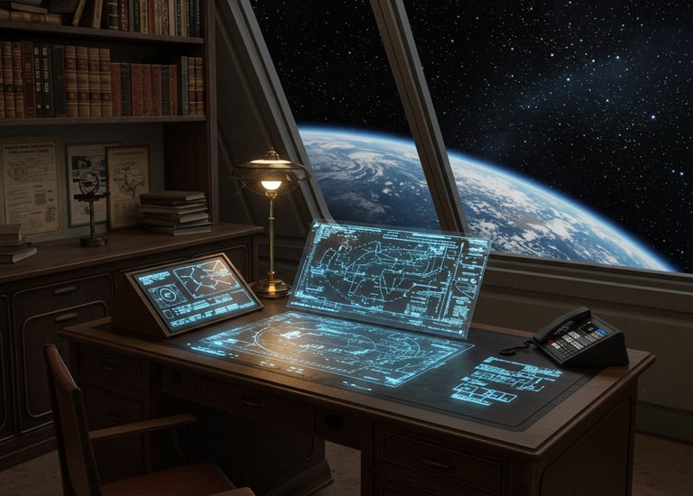 captains chair and office with a view of earth