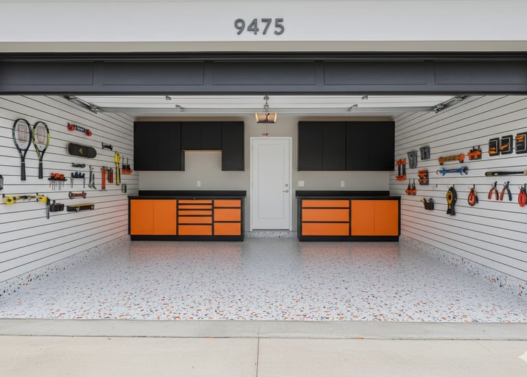 Renevated garage with flake epoxy, Slatwall and cabinet