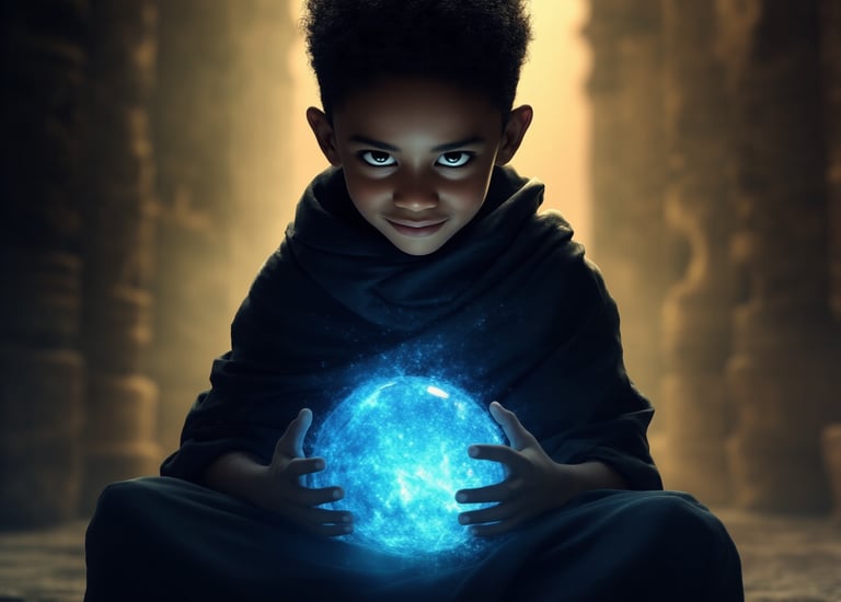 a young boy holding a glowing orb ball
