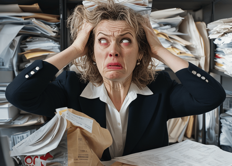 woman or man overloaded with bookkeeping documents