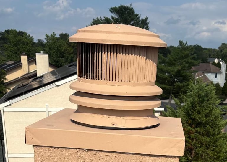 A newly waterproofed and resurfaced chimney with a modern round chimney cap, installed by Roslyn Chimney in Roslyn, New York