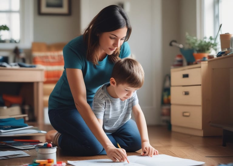 A cozy corner with calming pastel cushions and a small bookshelf.