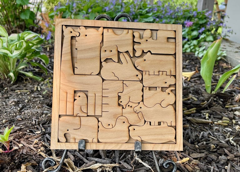 laser cut and engraved wooden puzzle with assorted animals