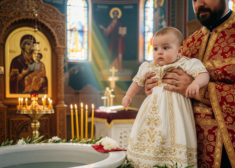 A baby in a white gown at their baptism ceremony.