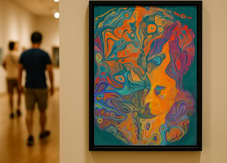 Art therapy exhibit showcasing emotional portraits in a public gallery.