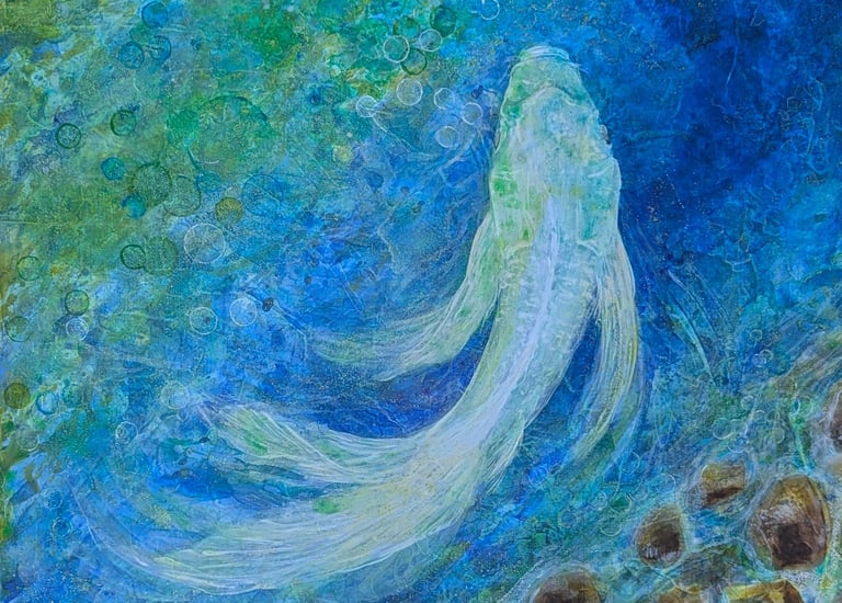 A vibrant painting of cool waters, wet stones, and koi rendered in Windsor & Newton acrylics on linen by Kathy LaFollett.