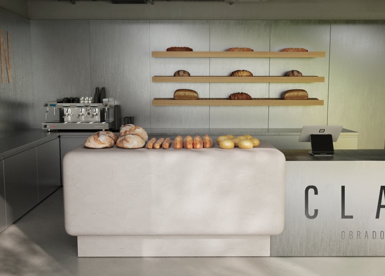 a counter top with a counter top and shelves