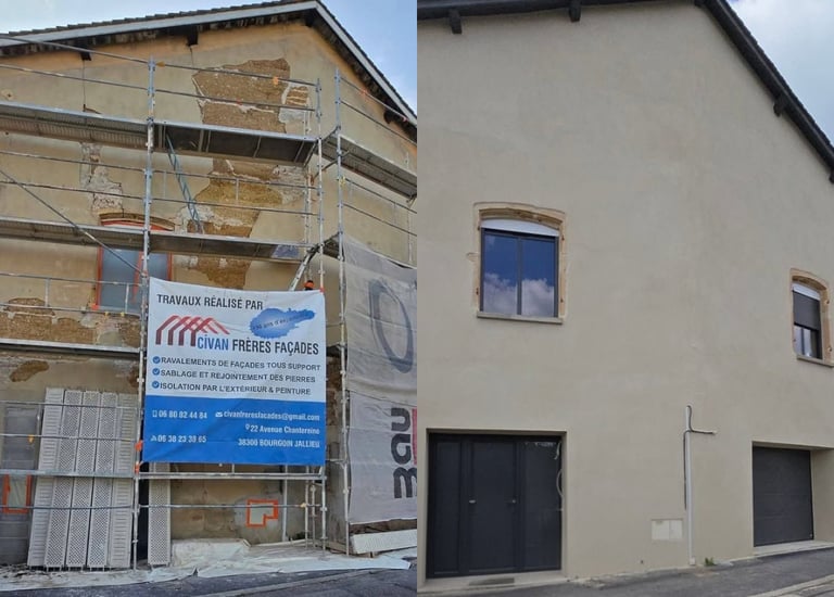 Rénovation de façade en pisé avec enduit à la chaux à Bourgoin-Jallieu"