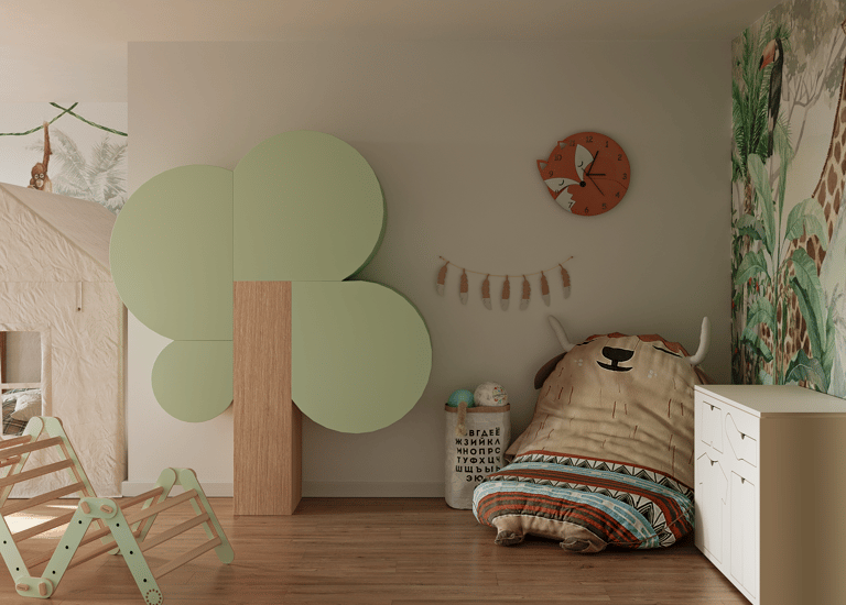 a child's room with a wooden play area