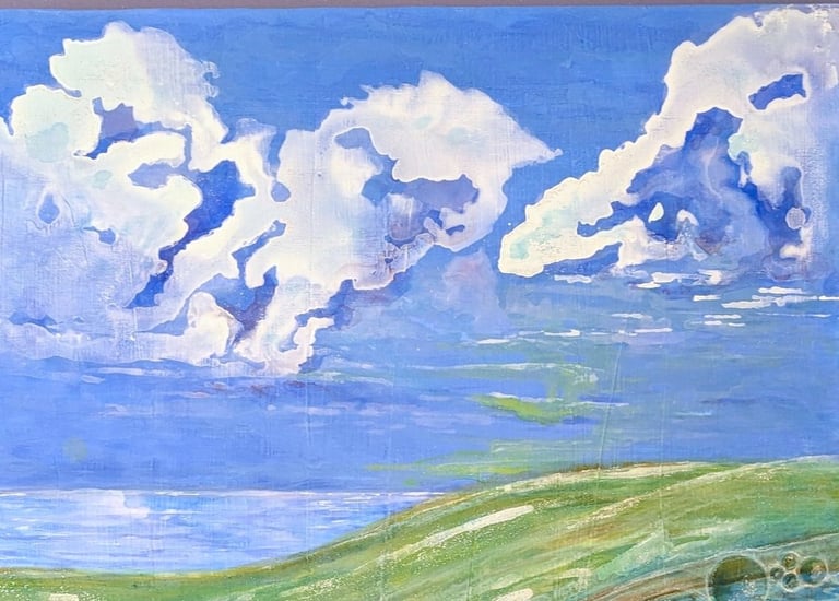 A color rich acrylic painting of coral reef life under a cloudy bright sky and saltwater waves by Kathy LaFollett.