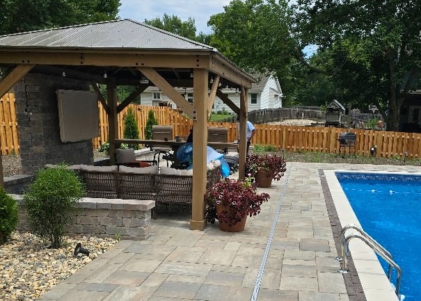 a pool with a gazeboar and a gazeboar