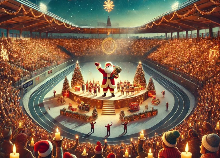 Weihnachtsmann singt in einem Stadion
