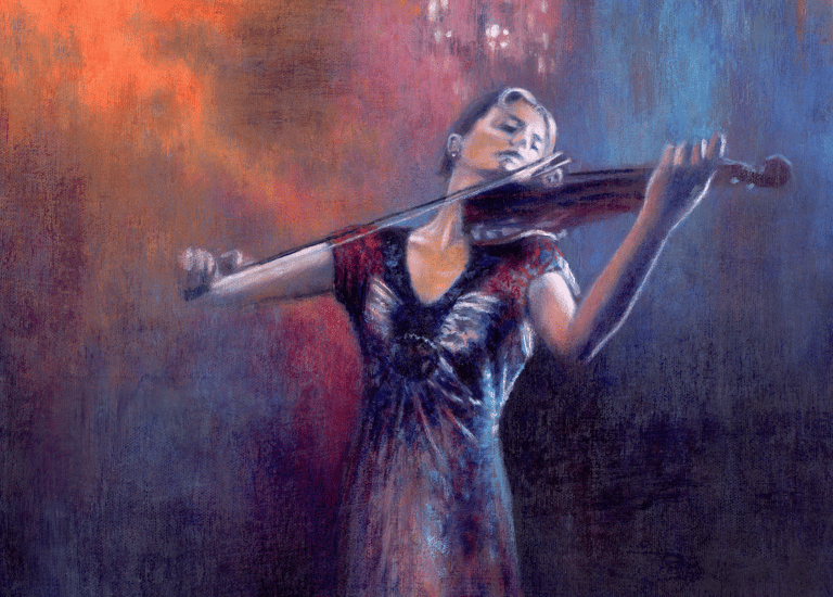 Acrylic painting of a symphony violinist in a blue and magenta dress, playing with emotion and spiri