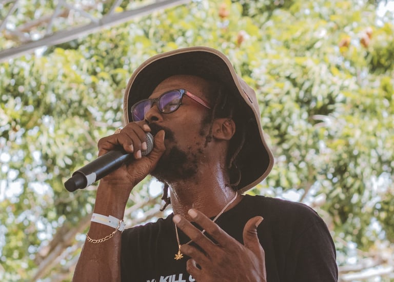 a man in a hat and sunglasses is holding a microphone