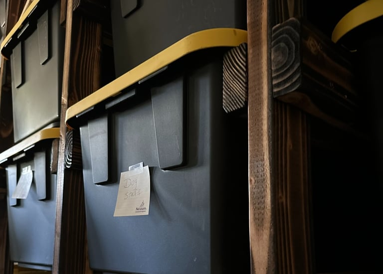 close-up on garage shelves big bin style