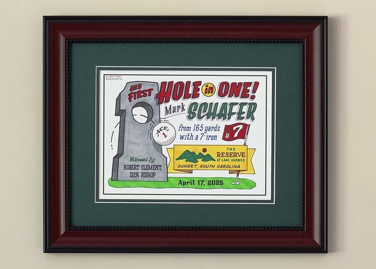 A framed piece of hole-in-one artwork with a ball and the pertinent information about the amazing shot.
