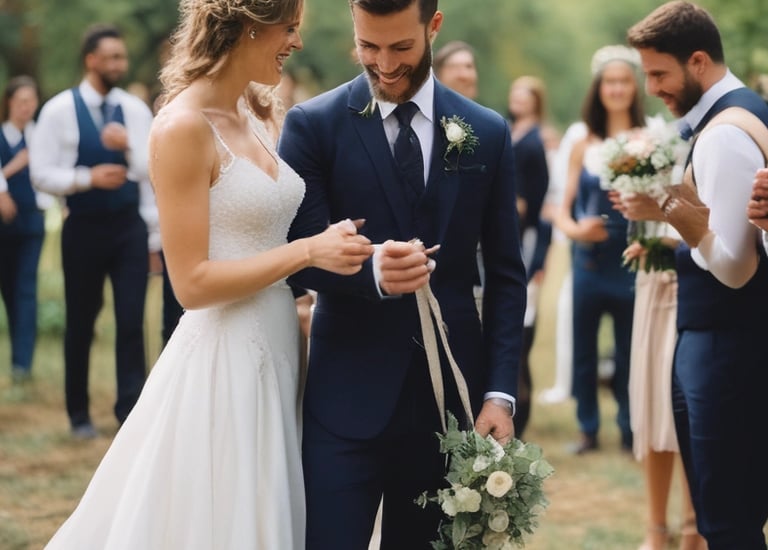 Close-up of hands exchanging wedding rings with blurred floral background
