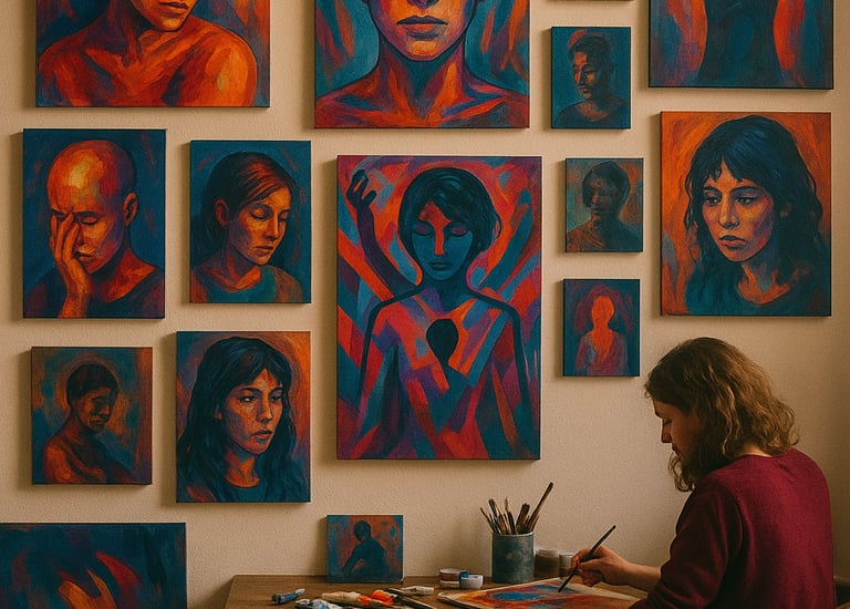 Artist painting expressive faces in a cozy studio full of trauma-themed artwork.