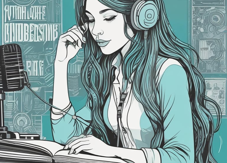 a woman in headphones and headphones is sitting at a microphone