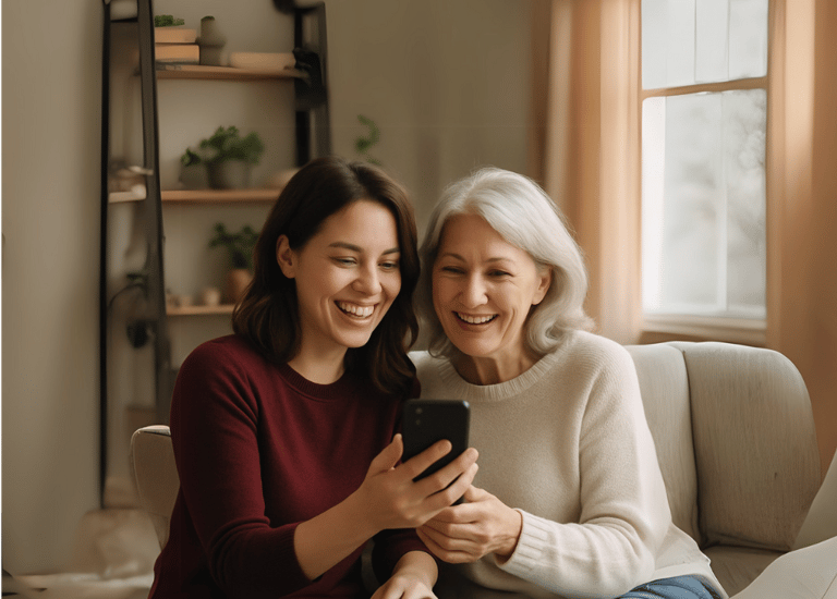 Mujer joven y adulta mayor mientras miran  un celular, representa conexión familiar y motivación para emprender juntas.