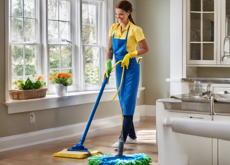 seven white push mops on wall