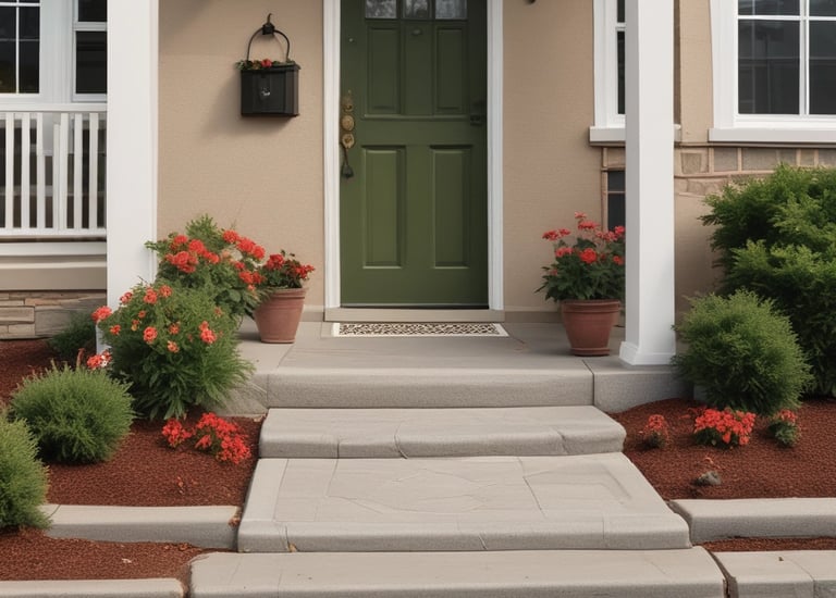 A clean, wide sidewalk leading through a neighborhood lined with trees.