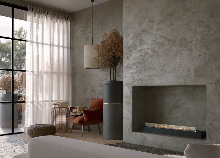 a living room with a fireplace and a large window