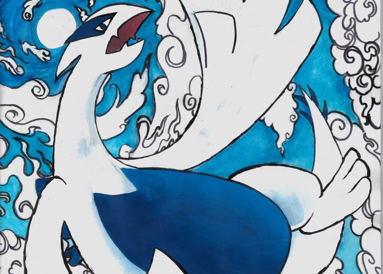 gouache painting of lugia, pokemon, second gen. 2nd gen. 