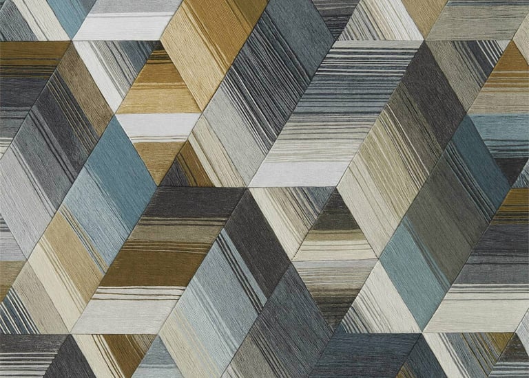 Modern geometric wallpaper featuring a 3D cube pattern with textured blue, gold, and grey stripes.