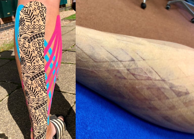 Kinesio taping of a calf tear showing the lymphatic drainage effect