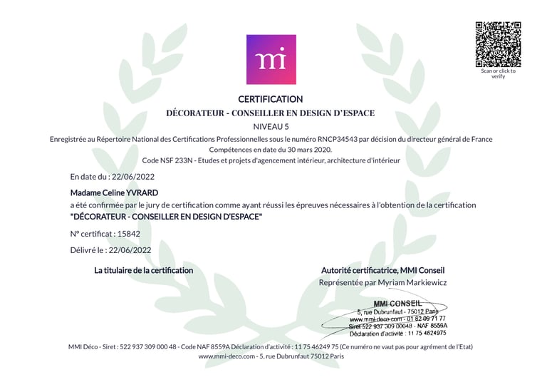 Diplome certification professionelle de Céline Yvrard en design d'espace