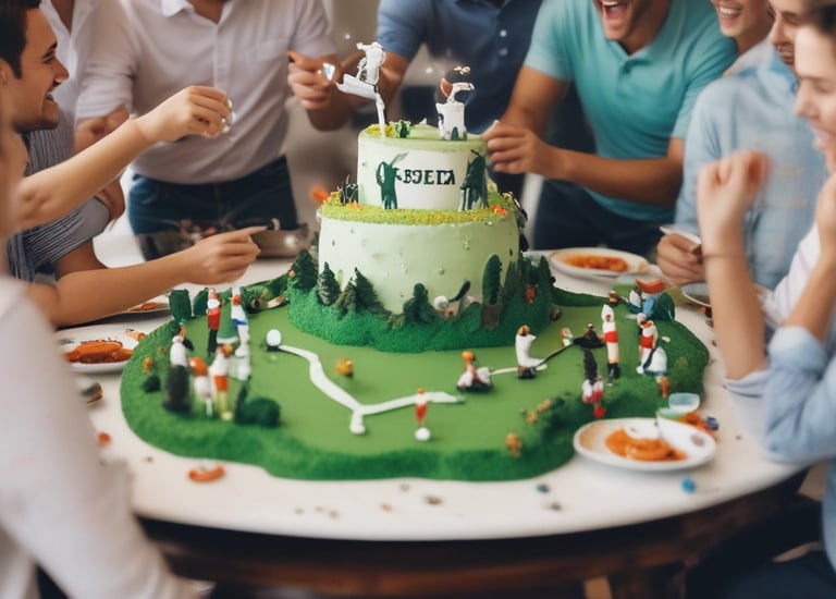 A group of friends enjoying a golf simulator at a birthday party indoors.