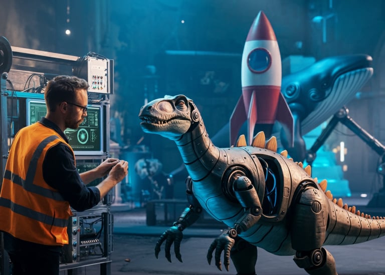 a man in a yellow vest and a dinosaur costume