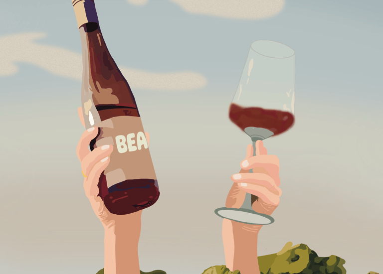a person holding a wine glass with a bottle of beer