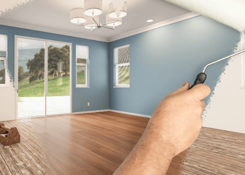 Boceto de pintar una habitación de blanco, ha azul, y renovar el suelo de madera...l