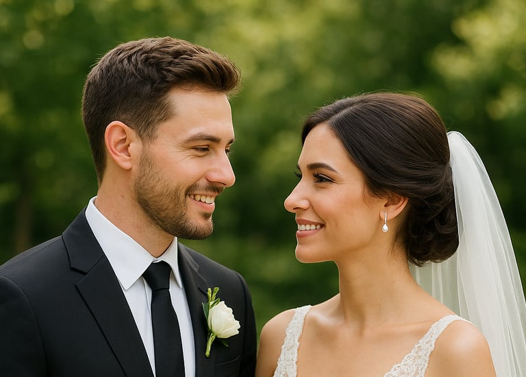  Ένα νεόνυμφο ζευγάρι που χαμογελά μαζί στο γάμο του.