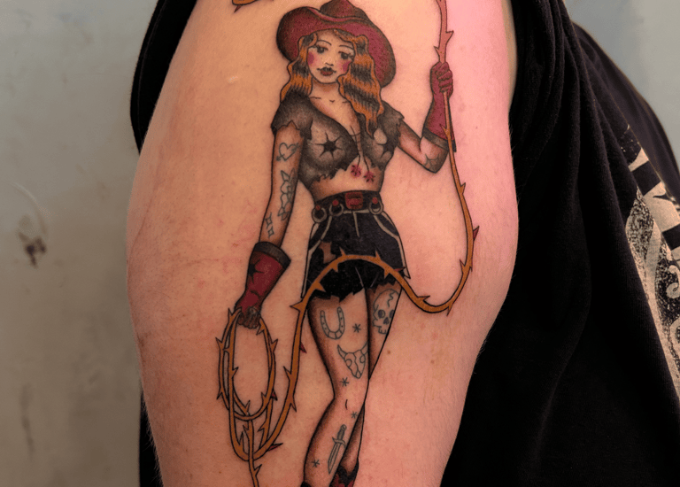 american traditional pinup style cowgirl tattoo inked