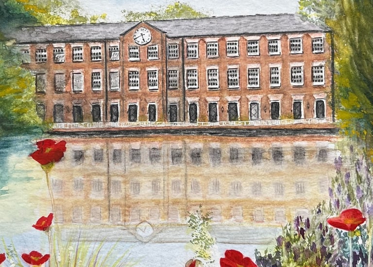 Ink pen and watercolour of Mill and pond