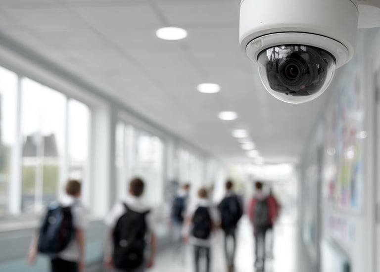 a CCTV camera mounted on a wall in a school hallway
