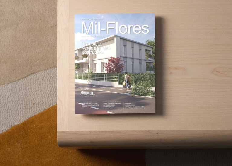 brochure mil-flores appoggiata su un tavolo in legno chiaro