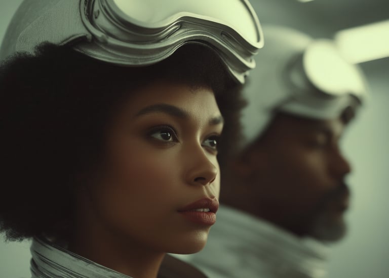 a black man and black woman in space suits and goggles