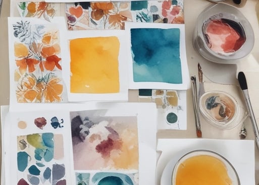 Flat lay of a workspace featuring sketches and fabric swatches.