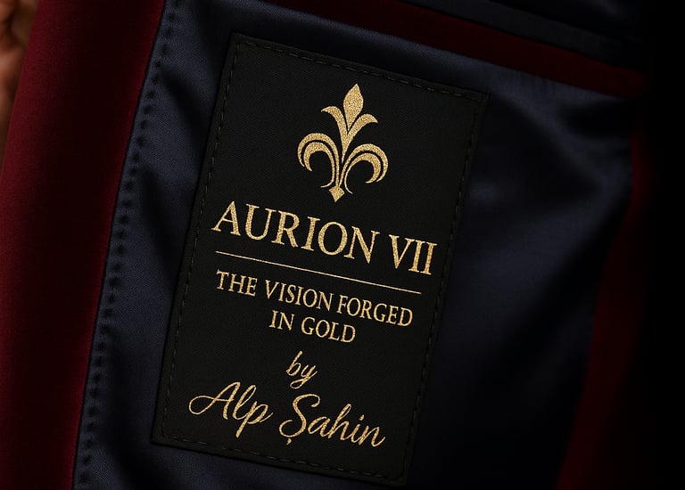 Aurion VII emblem inside a tailored jacket, representing the design identity of Aurionism.