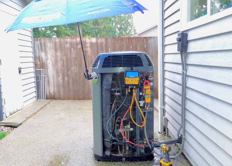 An outdoor HVAC system maintenance during a visit to our client making readings on the digital tool