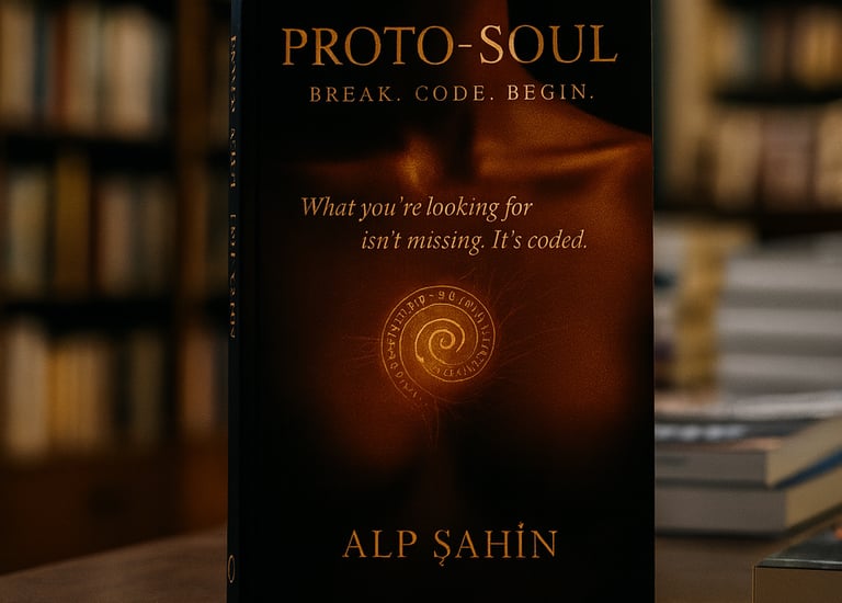 ProtoSoul book by Alp Şahin standing upright on a wooden table in a bookstore setting
