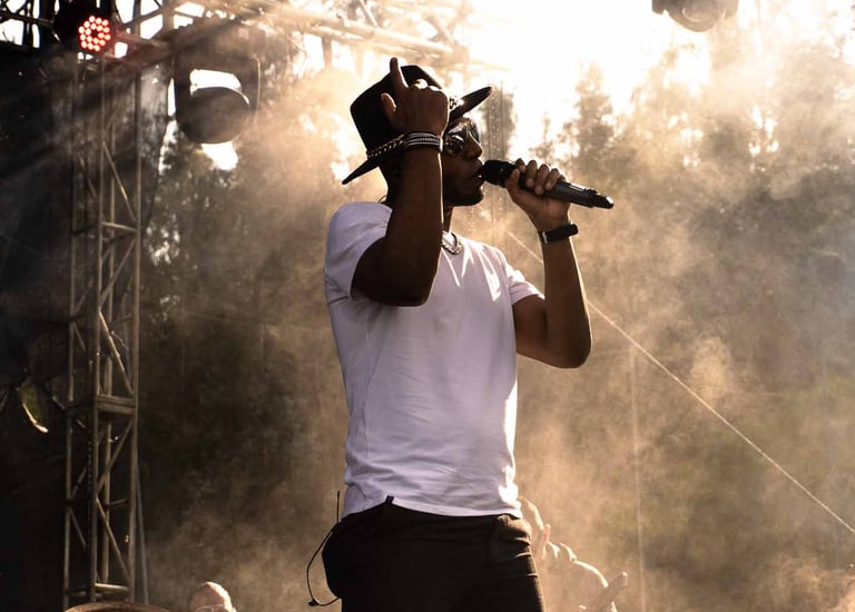 Fotografía de concierto en el atardecer de cantante con estilo